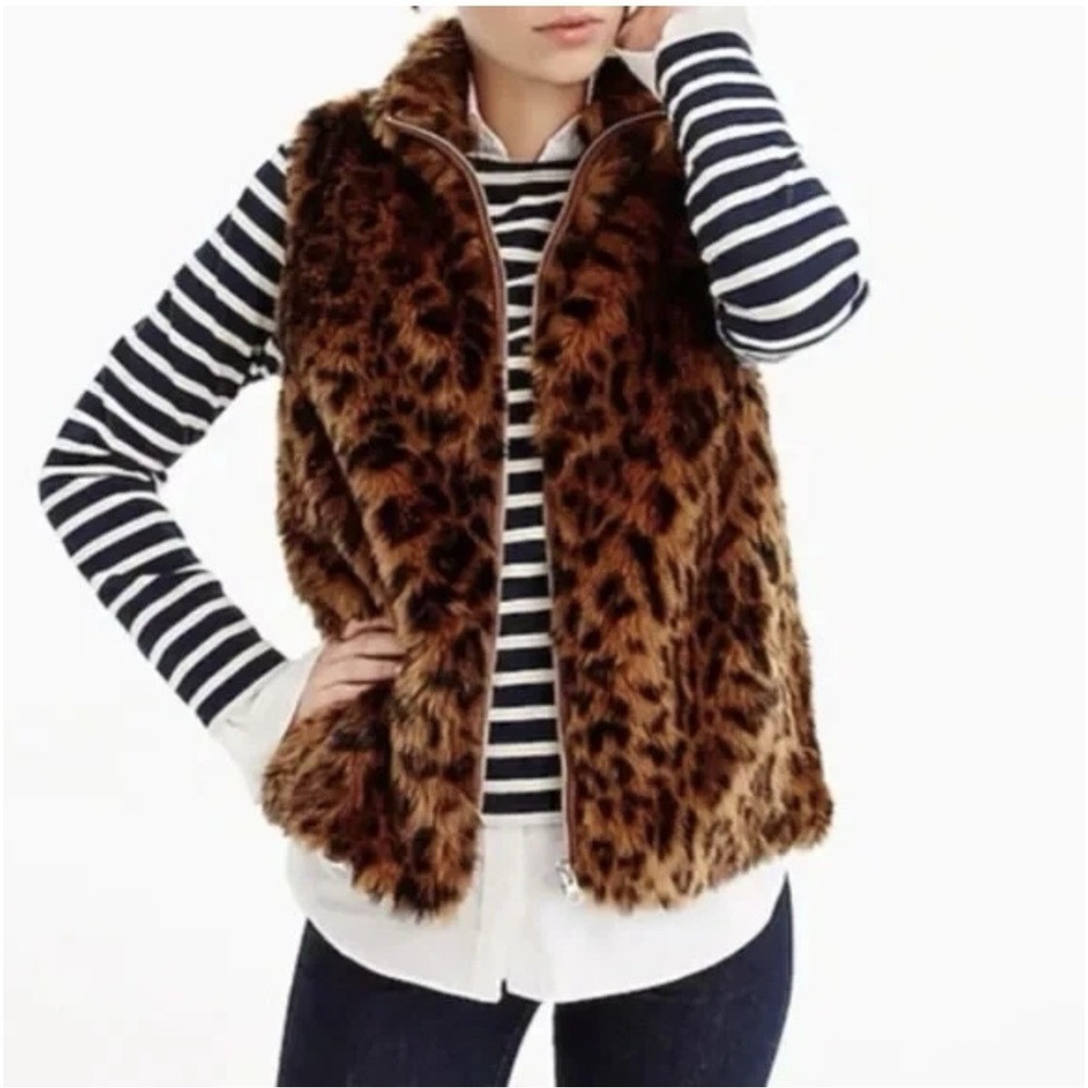J. Crew Women's Animal Leopard Print Faux Fur Full Zip Vest Size S